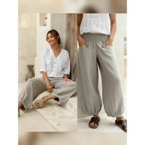 Nomad The Label Linen Wide Leg Pants Boho Smocked Waist Balloon Leg US 4 (AU 8)